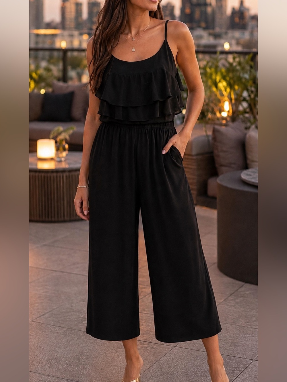 Black Spaghetti Strap Elastic Waist Jumper